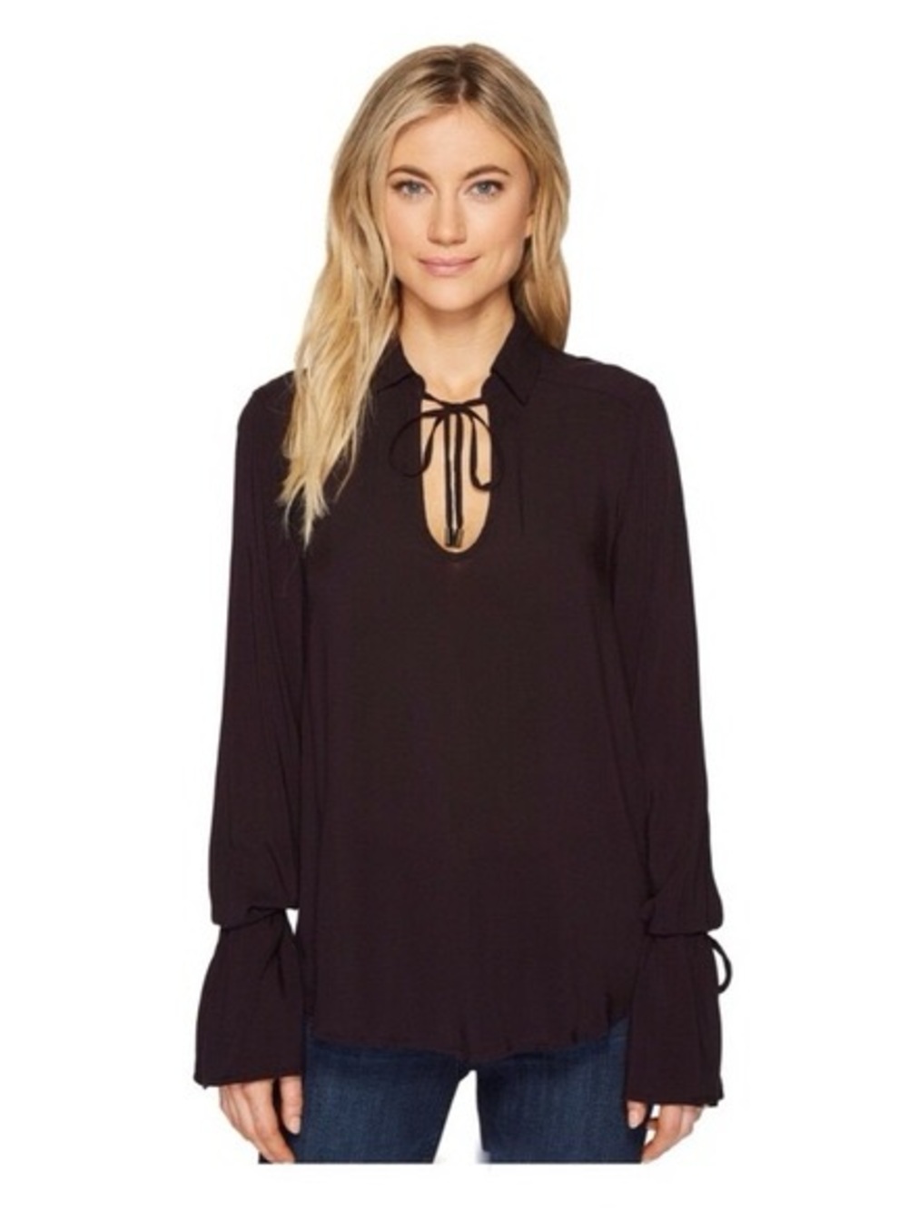 PAIGE Calissa Women’s Black Cherry V-Neck Parisian-style Cinched Bell Sleeves M